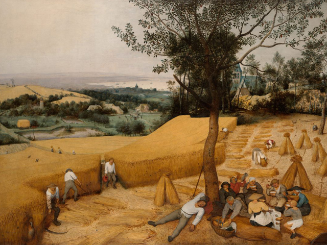 A painting of people working, eating and sleeping by a hayfield