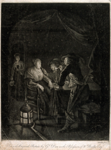 A sleeping woman being provoked by two men with tobacco pipes. Mezzotint by W. Baillie after G. Dou (1774)