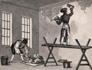 Drawing of 2 people applying plaster to walls. From the Wellcome Collection.