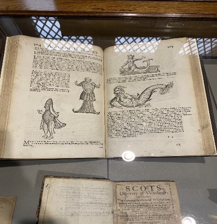 The book showing an extract from “Historia Animalium” with unreadable old text and illustrations of sea monsters with tails