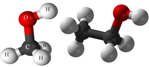 Molecular model of methanol and ethanol